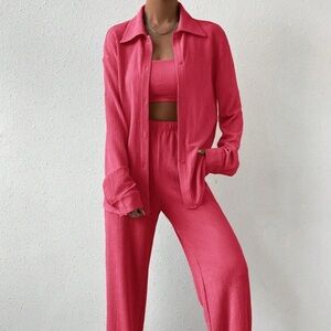 Button Up Three Piece Monochromatic Hot Pink Matching Set
